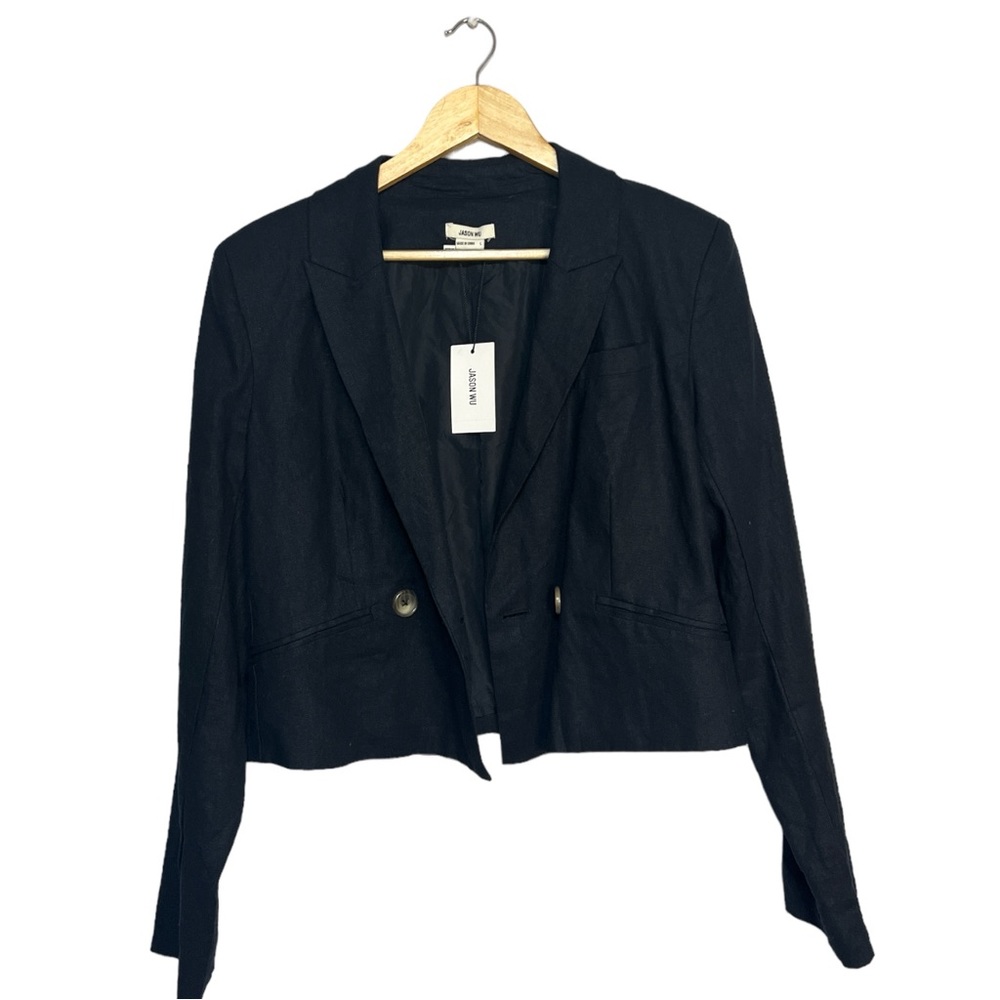Jason Wu NWT Black Cropped Blazer Linen Blend Double Breasted Women’s Size L